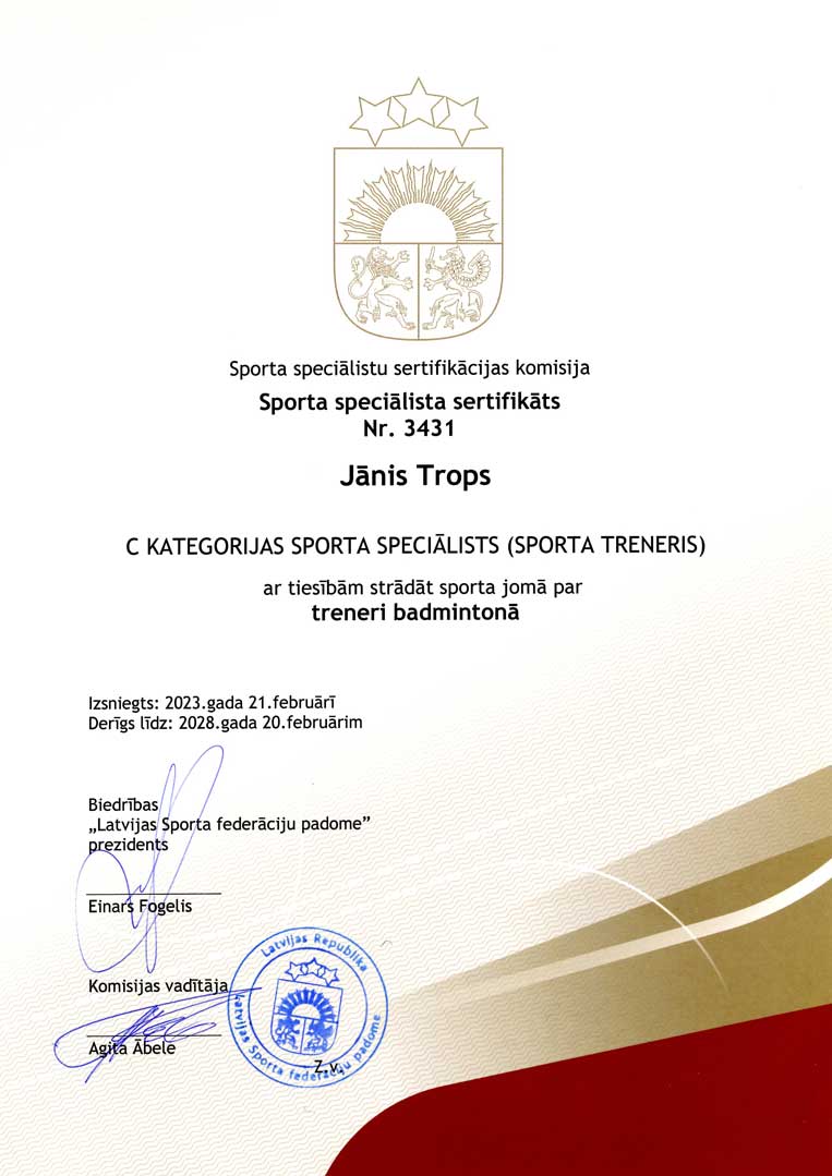 badmintona trenera sertifikāts jānis trops